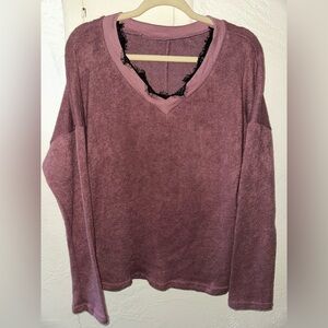 ROMWE Light Plum Purple Long Sleeve Oversized Top With Black Lace Neckline